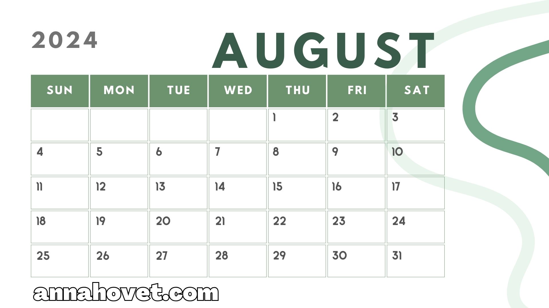 FREE Printable August 2024 Calendar