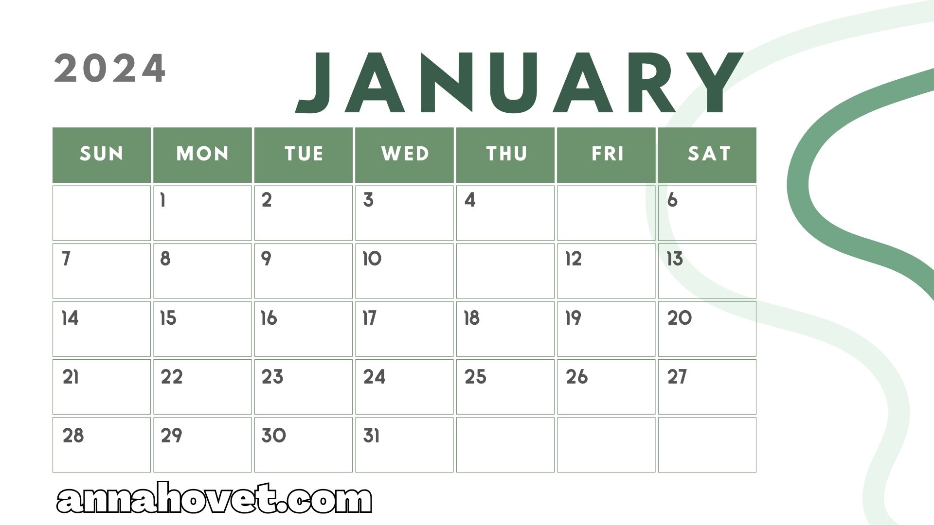 FREE Printable January 2024 Calendar