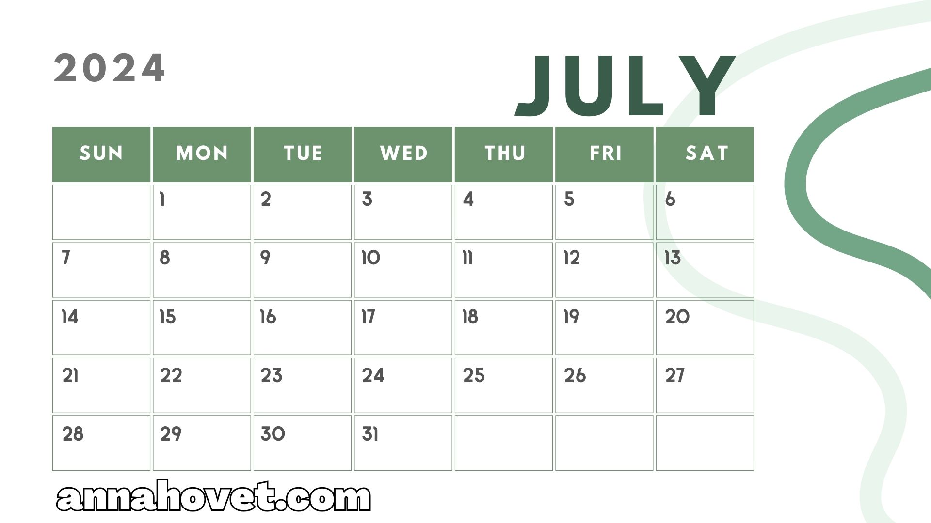 FREE Printable July 2024 Calendar