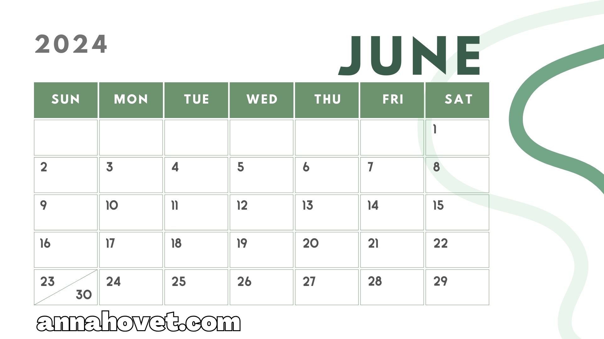 FREE Printable June 2024 Calendar
